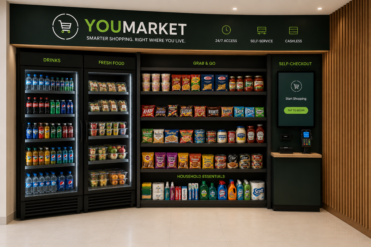 YouMarket self-service micro market installed in a modern residential setting